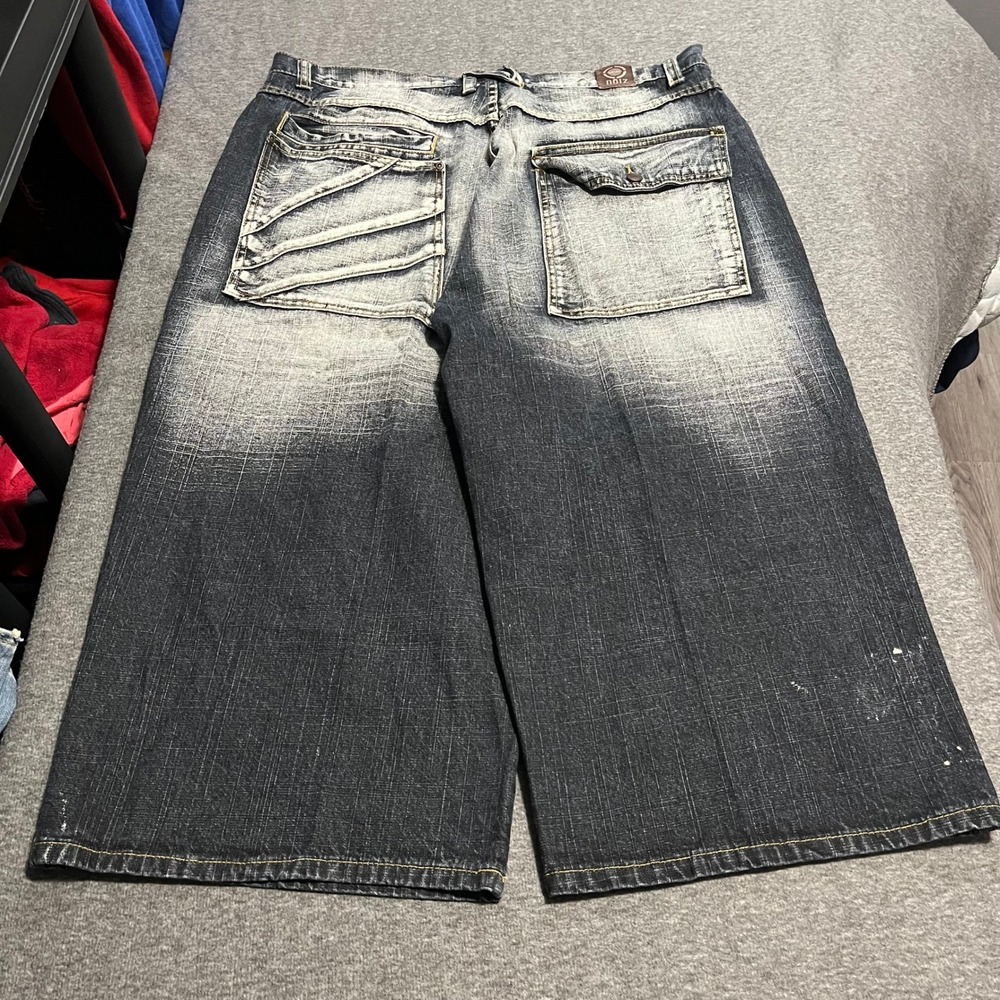 Noiz Jeans Mens Baggy Y2K Jorts Dark Wash Sandblasted Wide Leg Denim Shorts 38